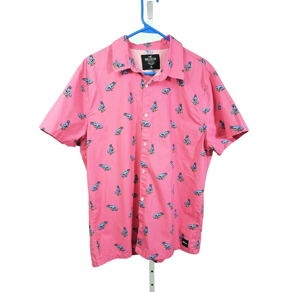 Hollister XL Men's Epic Flex Pink Dinosaur T Rex Surf Board Button Down Shirt